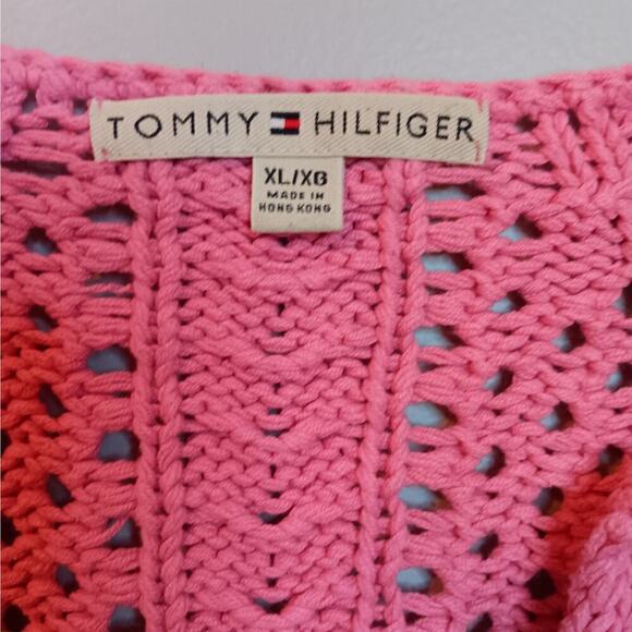 Gently Used Tommy Hilfiger Pink Crocheted Cropped Long Sleeve Sweater Size XL - Picture 3 of 7